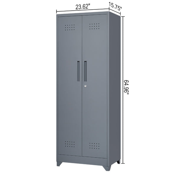 English Elm Broom and Mop Steel Utility Cabinet with Locking Doors Hanging Rod Adjustable Shelves T3625P372657