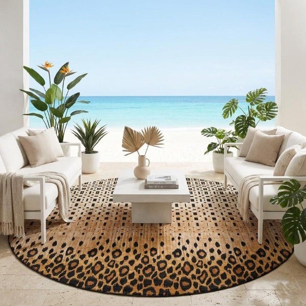 8 Ft Round Geometric Polyester Area Rug Stain Resistant for Patio or Playroom