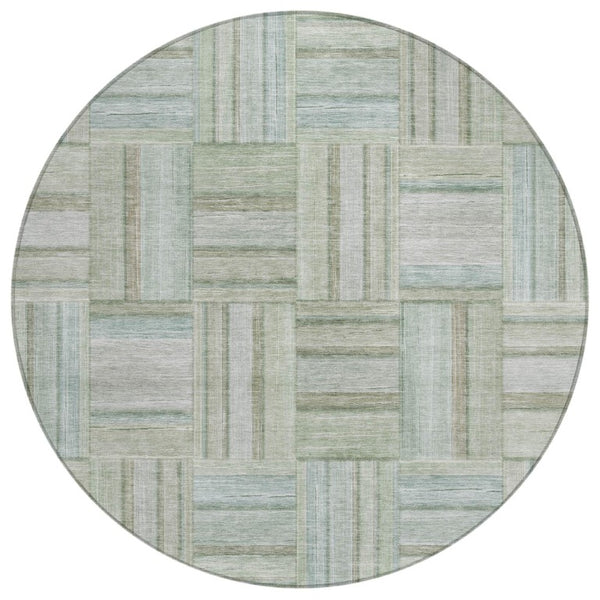HomeRoots 8 Foot Round Geometric Polyester Area Rug Sage Green Washable for Indoor Outdoor Use 742027