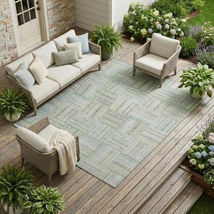 8 X 10 Sage Green Geometric Polyester Area Rug Stain Resistant for Patio or Living Room