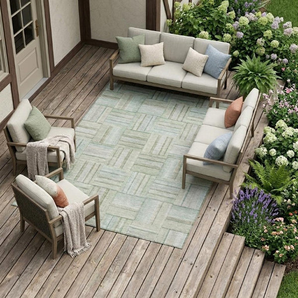 9 X 12 Sage Green Geometric Polyester Area Rug Washable Stain Resistant Indoor Outdoor