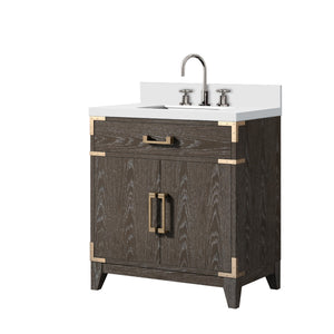 English Elm Brown Oak Single Sink Vanity With Cultured Marble Top & Faucet Set – Elegant Storage Solution! B2731P259759