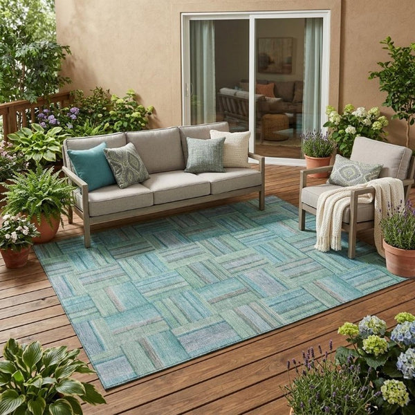 5x8 Teal Aqua Geometric Polyester Area Rug Washable Stain Resistant Indoor Outdoor