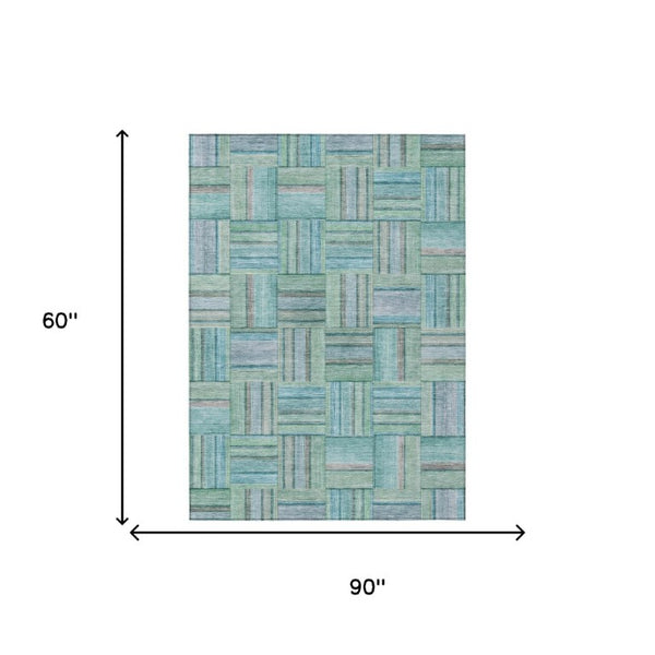 5x8 Teal Aqua Geometric Polyester Area Rug Washable Stain Resistant Indoor Outdoor