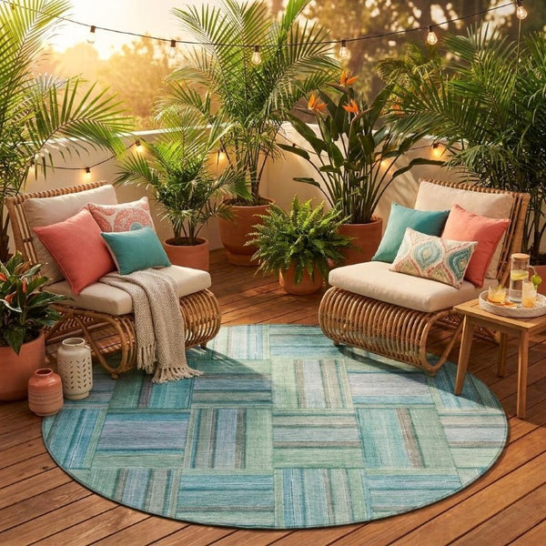 8 Foot Round Geometric Polyester Area Rug in Teal Aqua for Indoor Outdoor Use