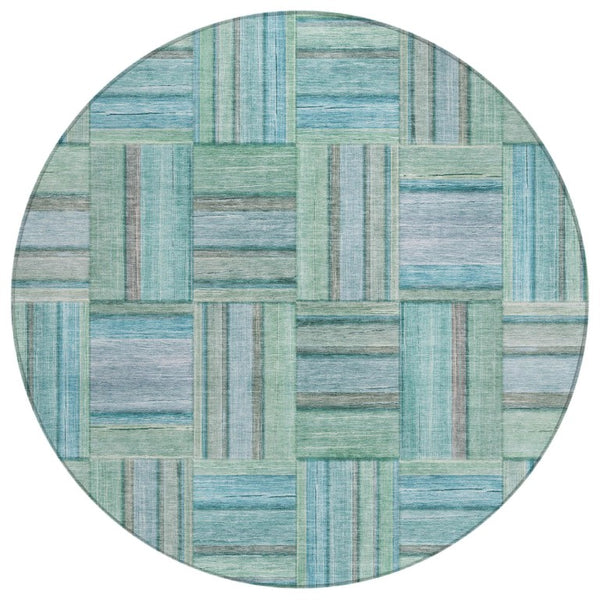 HomeRoots 8 Foot Round Geometric Polyester Area Rug in Teal Aqua for Indoor Outdoor Use 742033