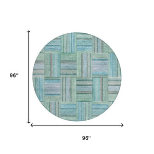 8 Foot Round Geometric Polyester Area Rug in Teal Aqua for Indoor Outdoor Use