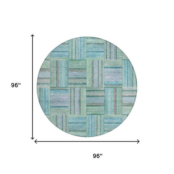 8 Foot Round Geometric Polyester Area Rug in Teal Aqua for Indoor Outdoor Use