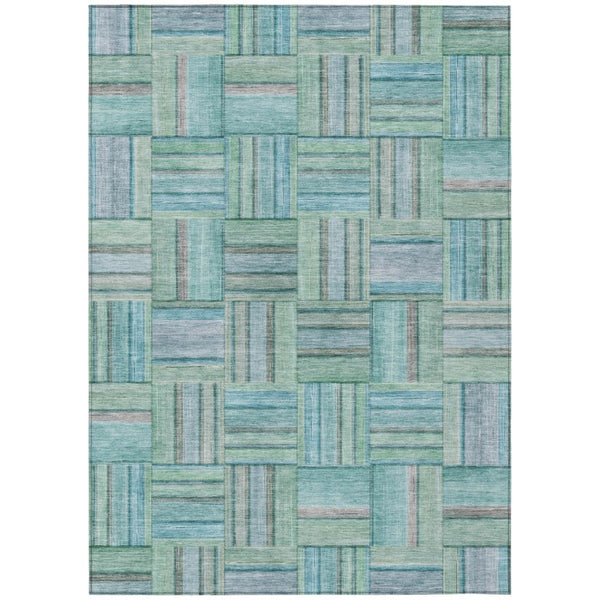HomeRoots 9x12 Teal Aqua Geometric Polyester Area Rug Washable for Patio Porch or Living Room 742035