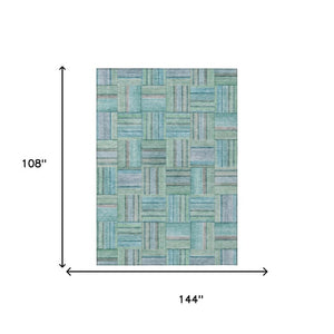 9x12 Teal Aqua Geometric Polyester Area Rug Washable for Patio Porch or Living Room