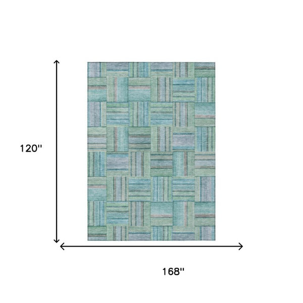 10 X 14 Teal Aqua Geometric Polyester Area Rug Washable Stain Resistant Patio