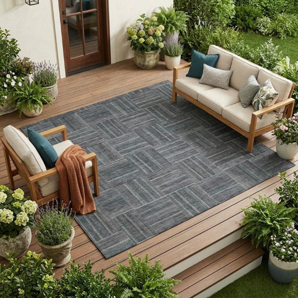 9 X 12 Gray Graphite Geometric Polyester Area Rug Stain Resistant Indoor Outdoor