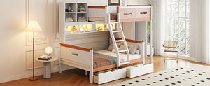 English Elm Twin Over Full Wooden Bunk Bed With Stylish Storage, Led Light, Drawers, And Wardrobe In White & Orange N820S00063K-GIGA
