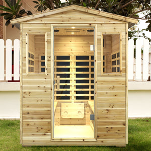 English Elm Four Person Outdoor Infrared Sauna with Solid Fir Wood Bluetooth Audio Low Emf Panels W632S00032