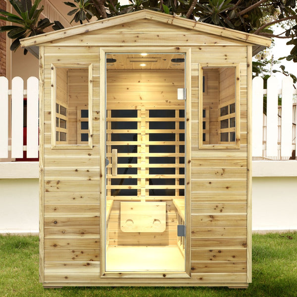 English Elm Four Person Outdoor Infrared Sauna with Solid Fir Wood Bluetooth Audio Low Emf Panels W632S00032