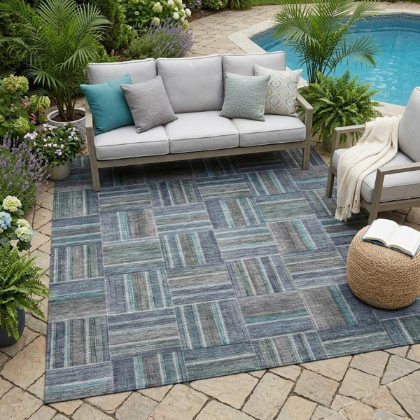 5x8 Teal Graphite Geometric Polyester Area Rug Washable for Indoor Outdoor Use