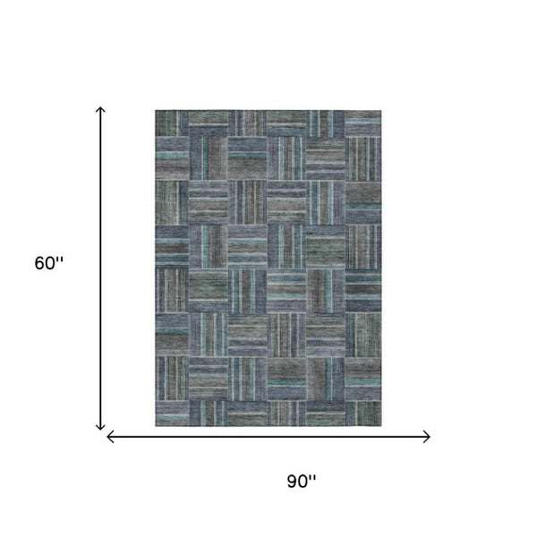 5x8 Teal Graphite Geometric Polyester Area Rug Washable for Indoor Outdoor Use