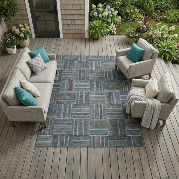 9 X 12 Teal Graphite Geometric Polyester Area Rug Stain Resistant Indoor Outdoor