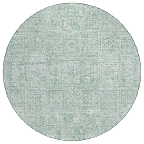 HomeRoots 8 Ft Round Oriental Geometric Polyester Rug Stain Resistant for Indoor Outdoor Use 742075