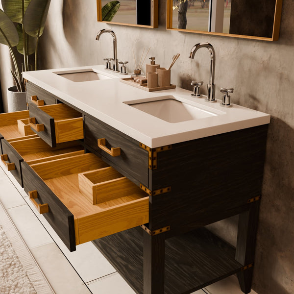 English Elm Black Oak Double Bath Vanity With White Quartz Top, Soft-Close Drawers & Matching Mirrors, 60"W B2731S02162