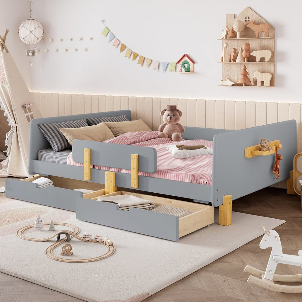 English Elm Twin Low Profile Kids Floor Bed Pine Wood Frame with Safety Rail and Built in Bookshelf Gray W1580P373246