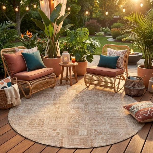 8 Foot Round Oriental Polyester Area Rug Washable Indoor Outdoor Copper Tone
