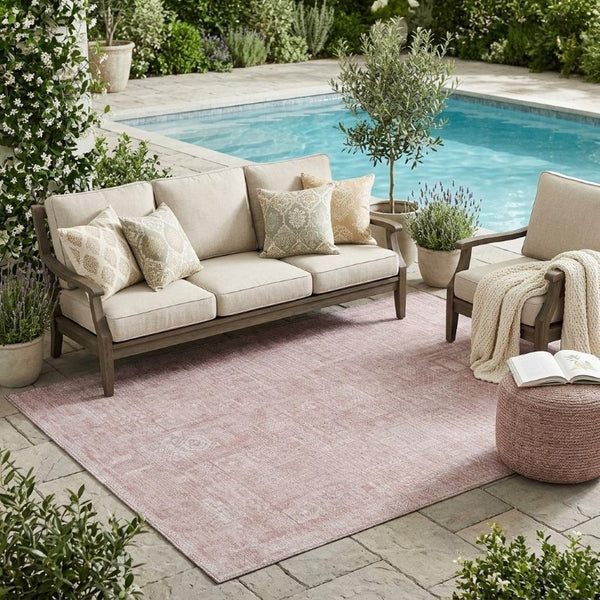 5 X 8 Pink Tan Oriental Polyester Area Rug Washable for Indoor Outdoor Use