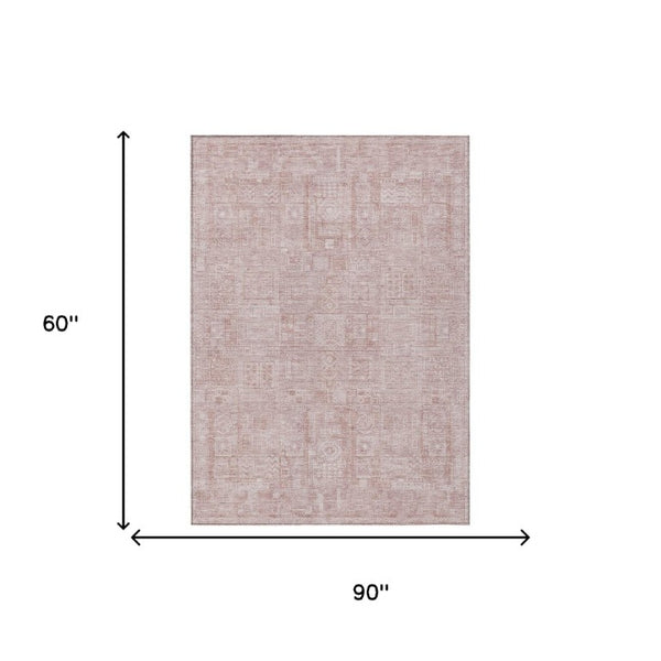 5 X 8 Pink Tan Oriental Polyester Area Rug Washable for Indoor Outdoor Use
