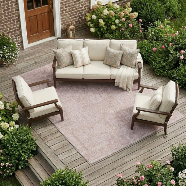 8 X 10 Pink Tan Oriental Polyester Area Rug Washable for Indoor Outdoor Use