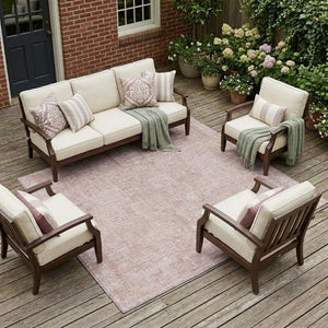 10 X 14 Pink Tan Oriental Polyester Area Rug Washable for Indoor Outdoor Use