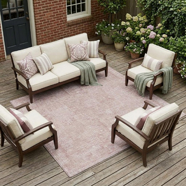 10 X 14 Pink Tan Oriental Polyester Area Rug Washable for Indoor Outdoor Use