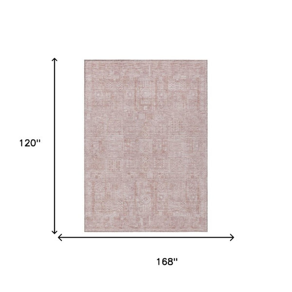10 X 14 Pink Tan Oriental Polyester Area Rug Washable for Indoor Outdoor Use