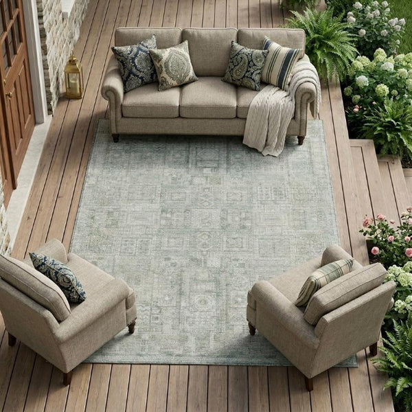 10 X 14 Sage Green Oriental Polyester Area Rug Washable for Indoor Outdoor Use