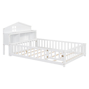 English Elm Full-size Montessori Floor Bed with Built-In Bookcase and Chalkboard, Space-Saving Solid Wood Platform for Kids White 56.3 L x 17.32 W x 5.31 H W1716S00012