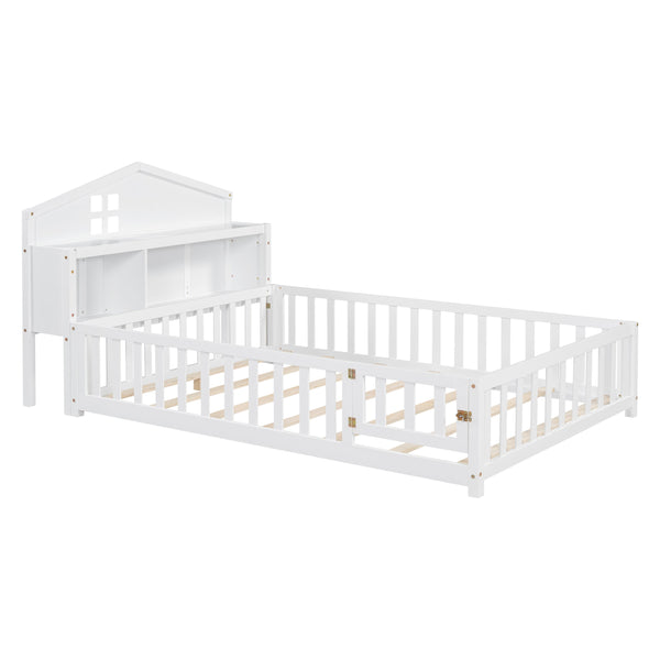English Elm Full-size Montessori Floor Bed with Built-In Bookcase and Chalkboard, Space-Saving Solid Wood Platform for Kids White 56.3 L x 17.32 W x 5.31 H W1716S00012