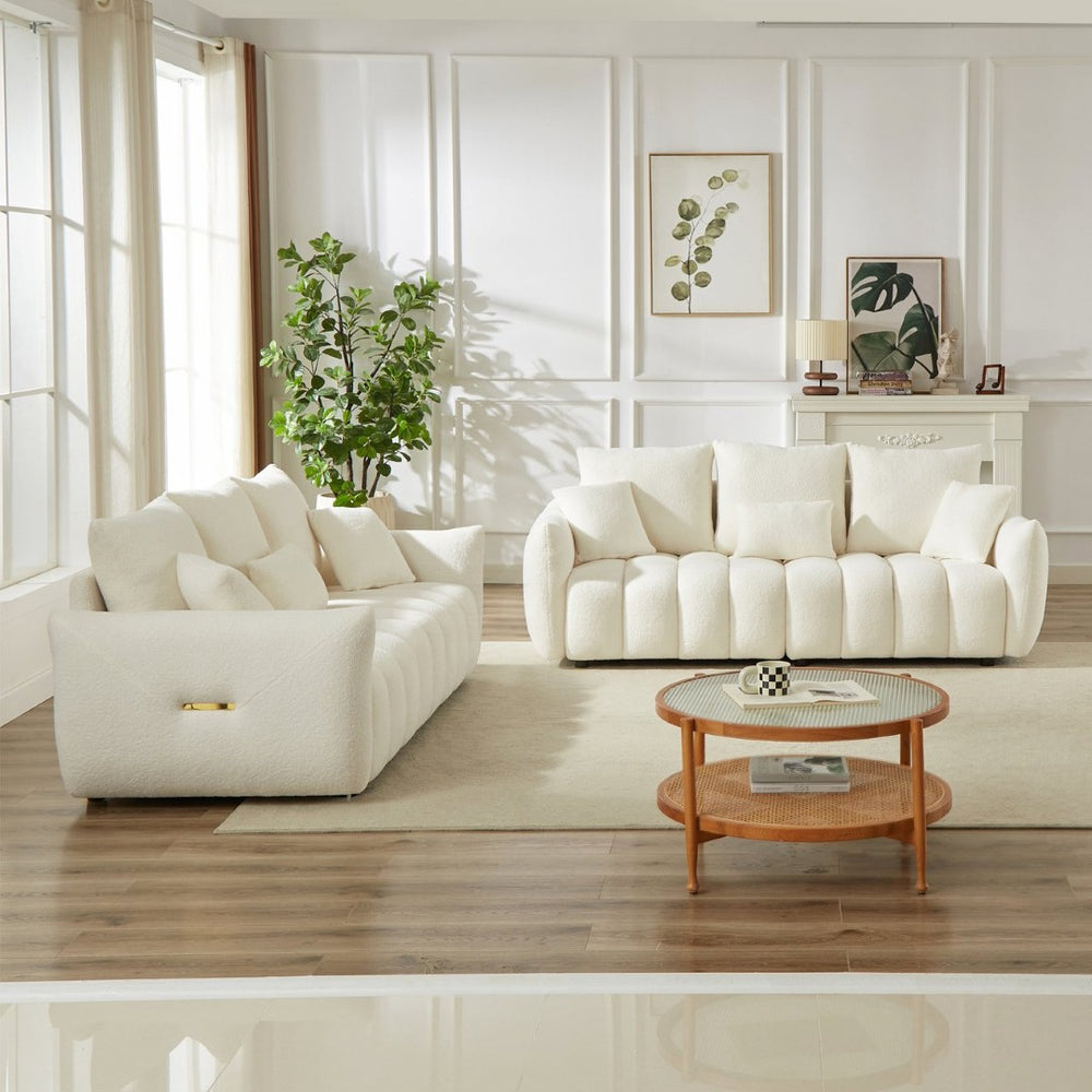 English Elm 3 Seater Paired Teddy Fleece Sofa Set Pine Frame Living Room Seating with Cushions Beige W1193S00191
