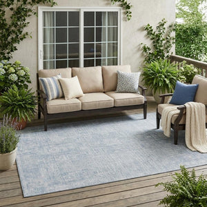 5x8 Sky Blue Oriental Polyester Area Rug Washable Indoor Outdoor Stain Resistant