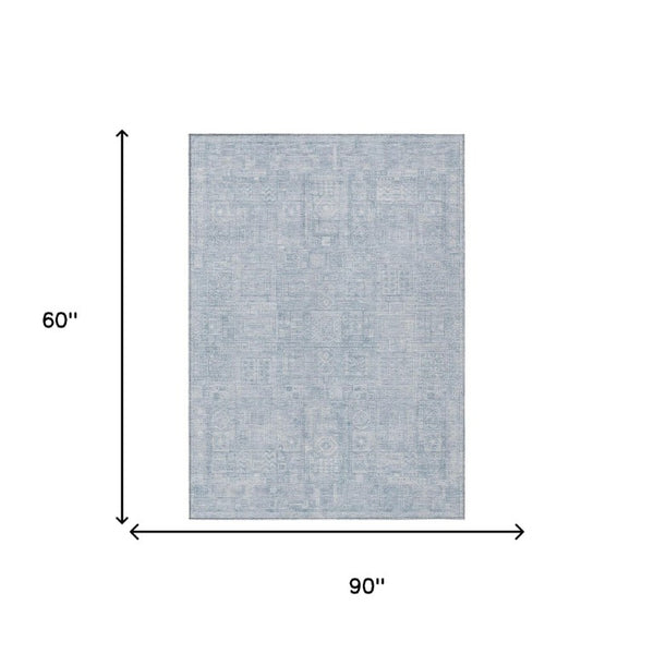 5x8 Sky Blue Oriental Polyester Area Rug Washable Indoor Outdoor Stain Resistant