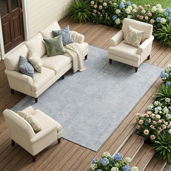 8 X 10 Sky Blue Oriental Polyester Area Rug Washable Stain Resistant Indoor Outdoor