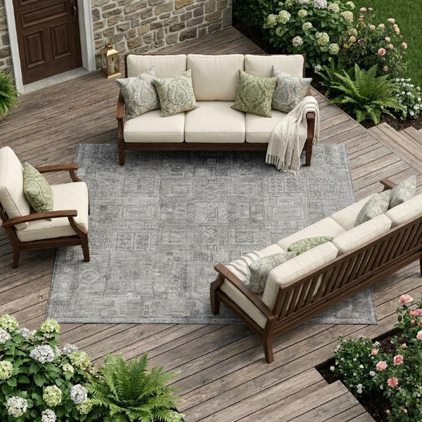 9 X 12 Silver Gray Oriental Polyester Area Rug Stain Resistant Indoor Outdoor