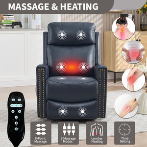 English Elm Blue Genuine Leather Rocker Swivel Recliner with Massage Heat for Living Room W1803P323714