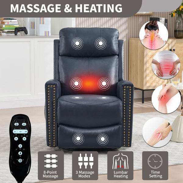 English Elm Blue Genuine Leather Rocker Swivel Recliner with Massage Heat for Living Room W1803P323714