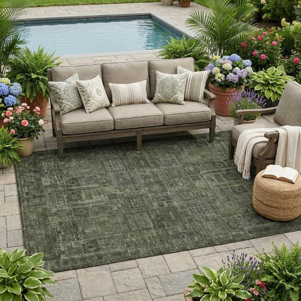 5 X 8 Oriental Polyester Area Rug Stain Resistant Indoor Outdoor Green Patio