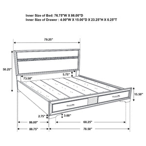 English Elm May 2-Drawer Platform Eastern King Storage Bed with Shimmery Foil Headboard and Rhinestone Pulls craftsmanship and glamour combined for dreamy modern bedroom allure White B062S01087