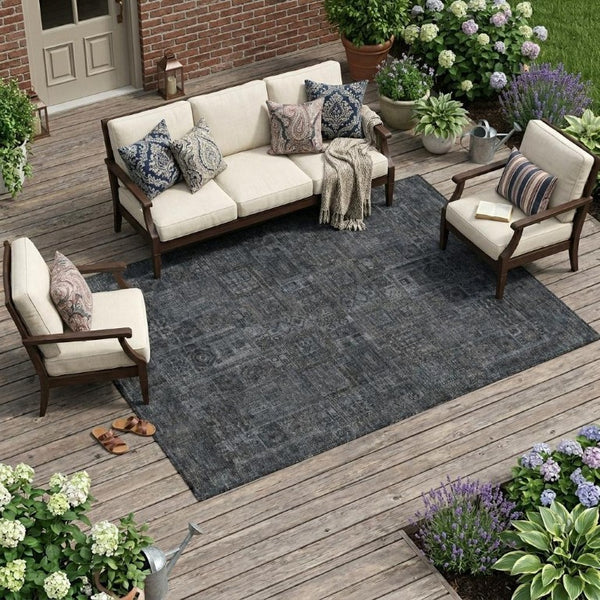 10 X 14 Gray Graphite Oriental Polyester Area Rug Washable for Indoor Outdoor Use