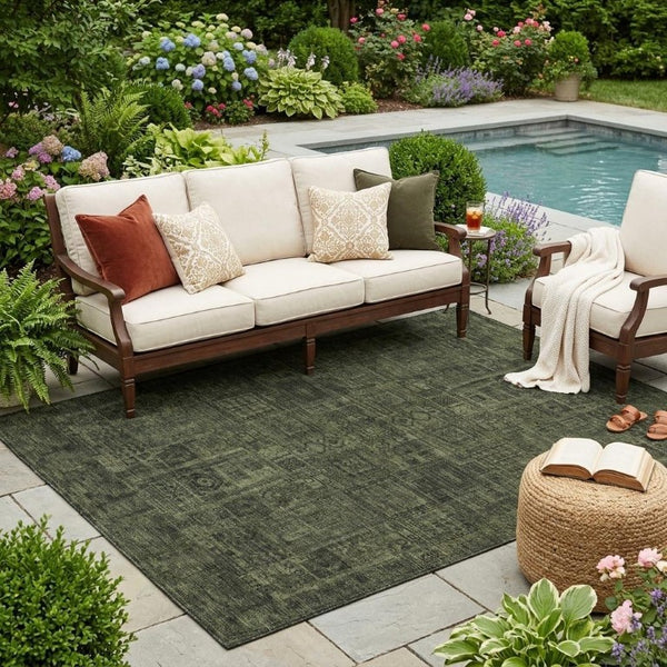5x8 Olive Oriental Polyester Area Rug Washable Stain Resistant Indoor Outdoor Use