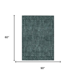 5 X 8 Teal Graphite Oriental Polyester Area Rug Washable for Patio or Living Room