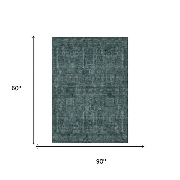 5 X 8 Teal Graphite Oriental Polyester Area Rug Washable for Patio or Living Room