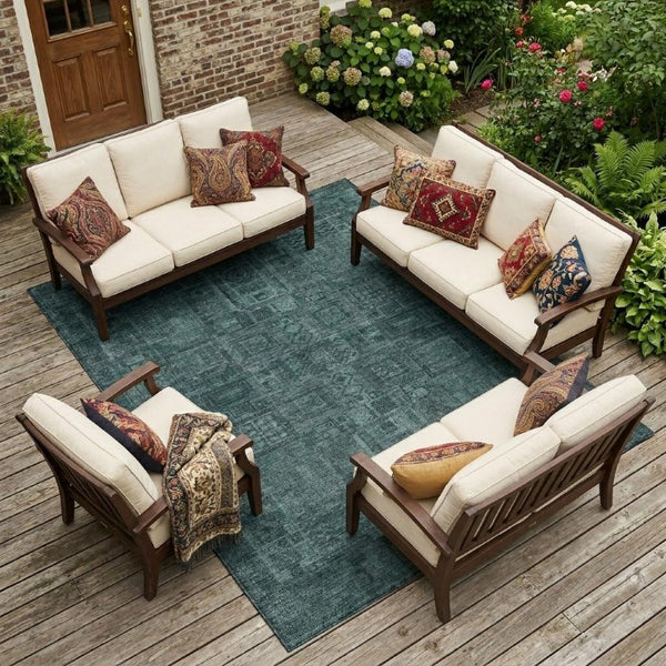 8x10 Teal Graphite Oriental Polyester Area Rug Washable Stain Resistant Indoor Outdoor