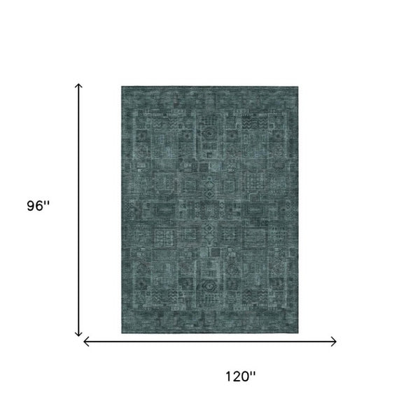 8x10 Teal Graphite Oriental Polyester Area Rug Washable Stain Resistant Indoor Outdoor